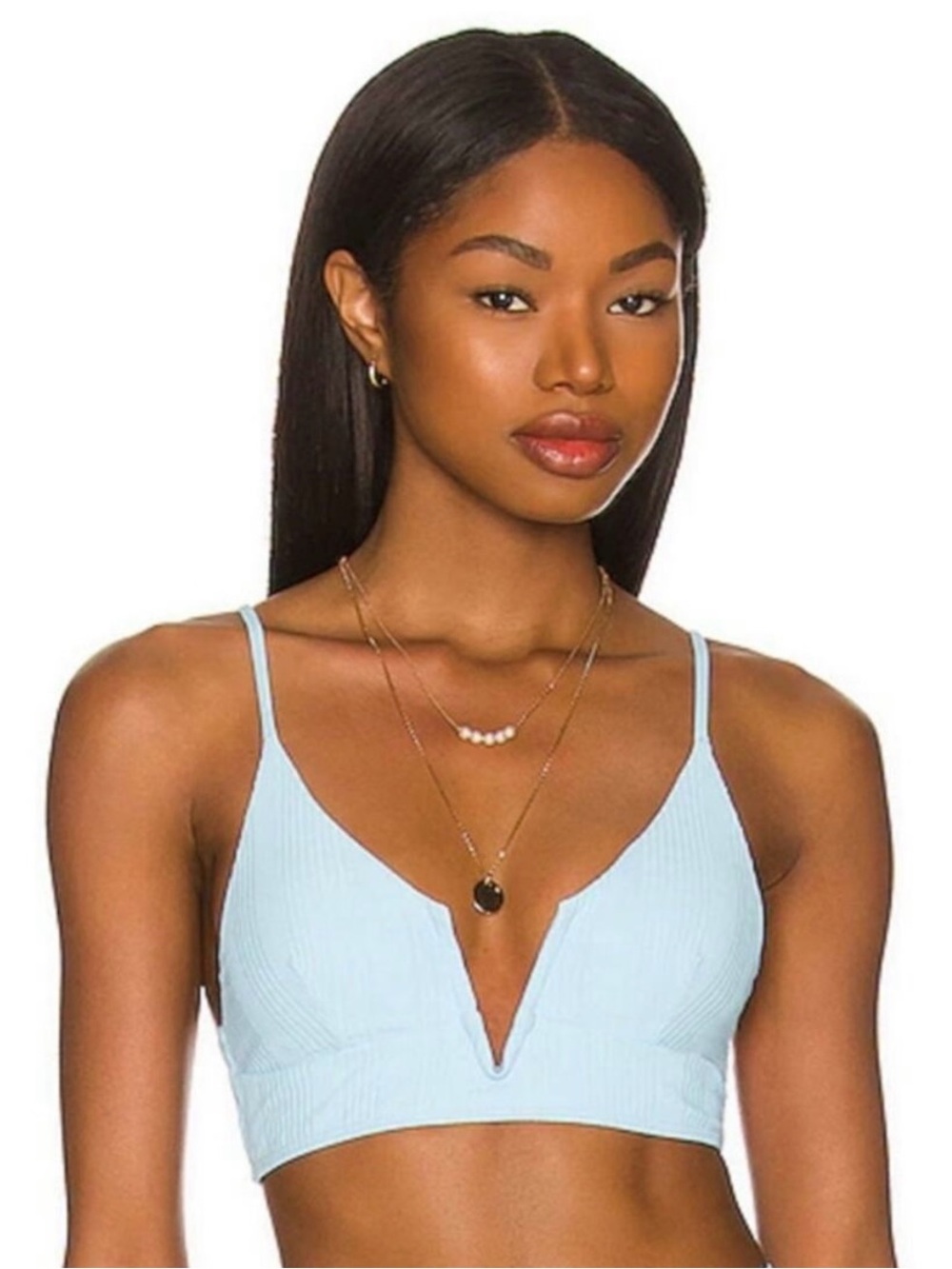l*space Light Blue Ribbed siren V-Neck Bikini Top with adjustable straps